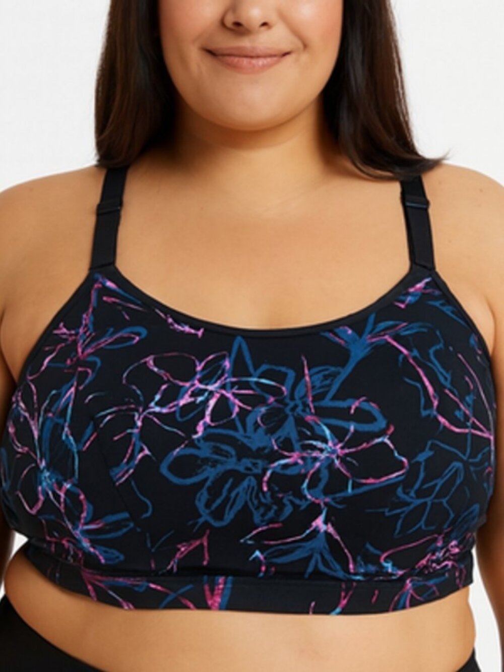 Lane Bryant LIVI 44DD No Wire Sports Bra Black Multi Floral Abstract Racerback